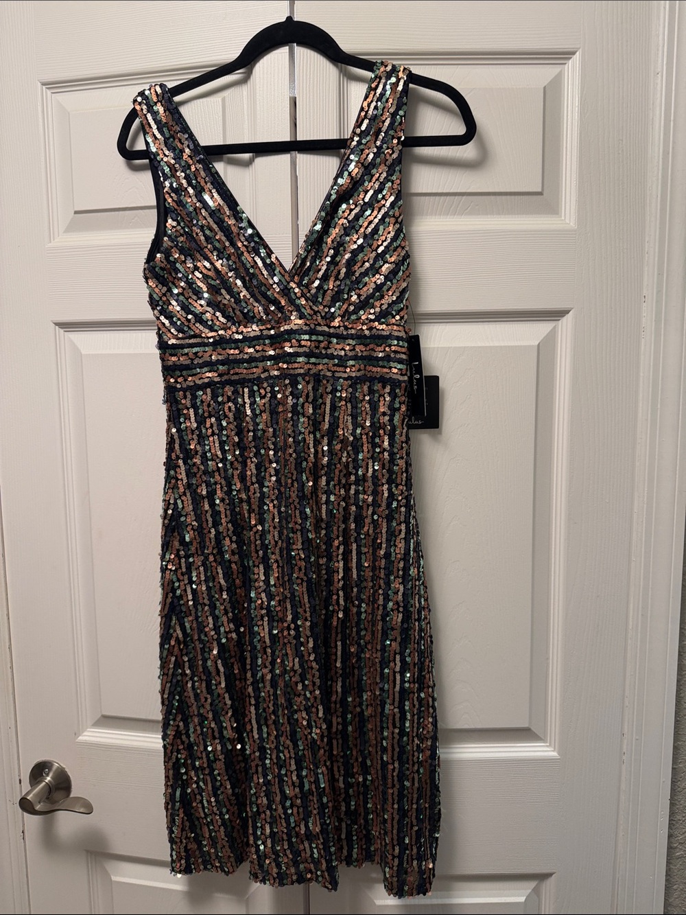 Lulu's Black Sequin Stripe V-Neck Dress with Rose Gold & Mint Accents